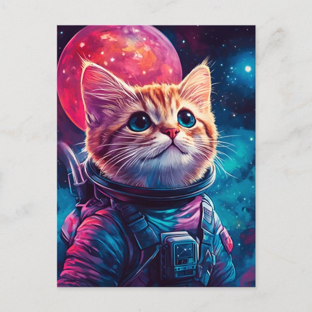 Cartão Postal Astronauta de gato - espaço rosa (Frente)