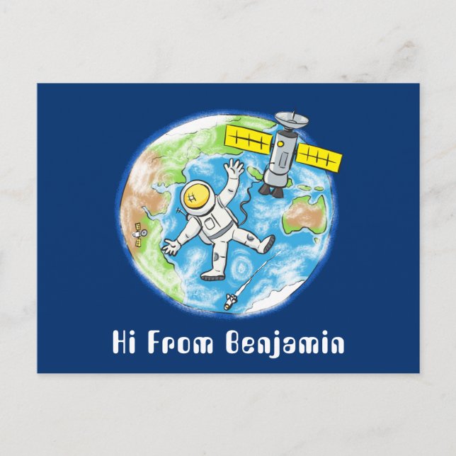Cartão Postal Astronauta engraçado no espaço e na banda desenhad (Frente)