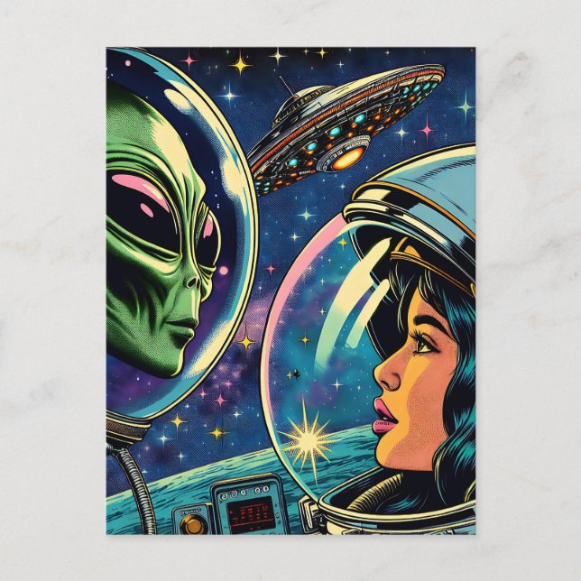 Cartão Postal Astronauta feminino encontra Alienígena extraterre (Frente)