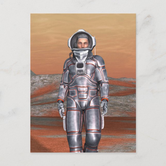 Cartão Postal Astronauta Marte - Explorador Espacial em Planeta  (Frente)