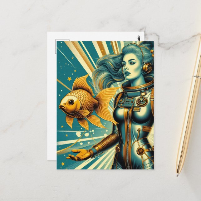 Cartão Postal astronauta mulher e peixe dourado (Frente/Verso In Situ)