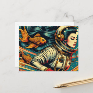 Cartão Postal astronauta mulher e peixe dourado retrô único