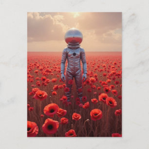 Cartão Postal Astronauta nas Flores de Papoula Vermelhas