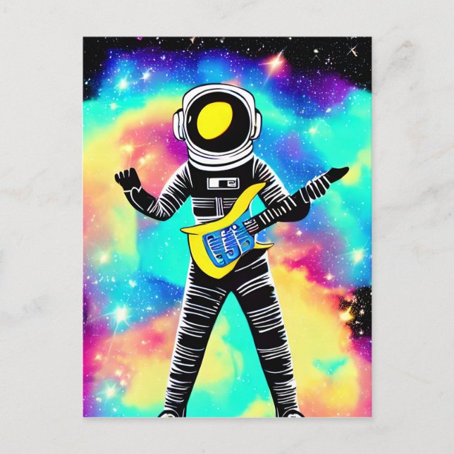 Cartão Postal Astronauta tocando violão elétrico no espaço (Frente)