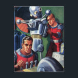 Cartão Postal Astronautas Vintage Science Fiction consertando um<br><div class="desc">Ilustração vintage: aliens futuristas de ficção científica e imagem de robôs apresentando um homem trabalhando em seu robô metálico. Um astronauta é um piloto que controla os controles do seu foguete. Retro clássico com estilo cômico de 50 s design de ficção científica.</div>