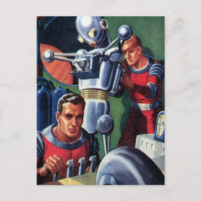 Cartão Postal Astronautas Vintage Science Fiction consertando um (Frente)
