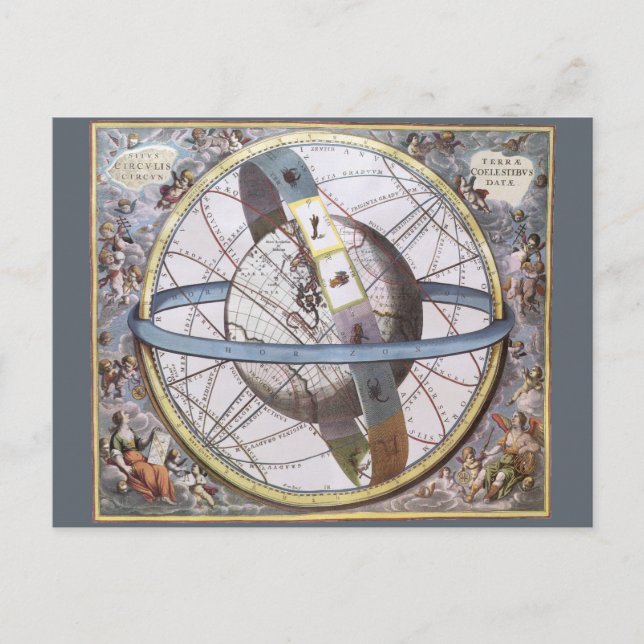 Cartão Postal Astronomia Vintage, Planisfera Celestial Zodiac (Frente)