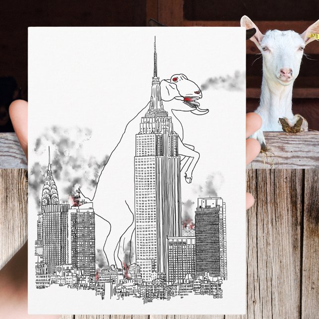 Cartão Postal Ataque gigante a cabras em Nova York Engraçado Art (Funny giant goat in New York City film parody line art drawing)