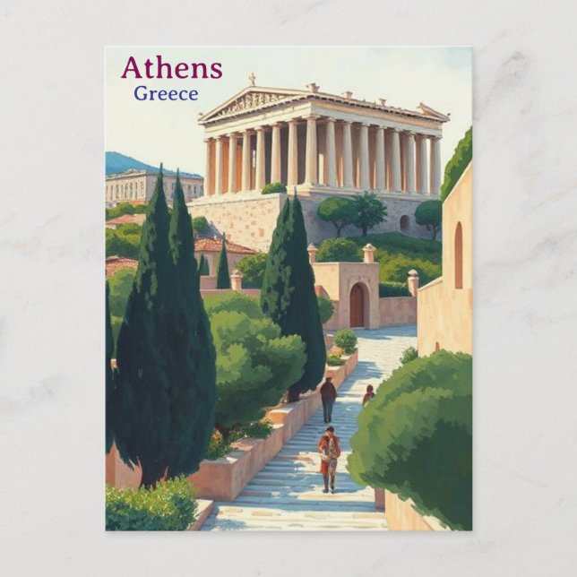Cartão Postal Athens Greece Gouache Paint Illustration Travel (Frente)