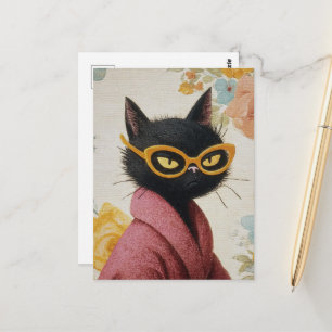 Cartão Postal Atitude Única de Gatinho em Robe e Óculos