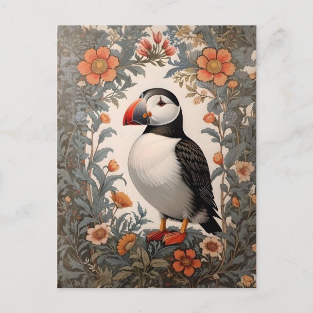 Cartão Postal Atlantic Puffin William Morris Inspirou Floral (Frente)
