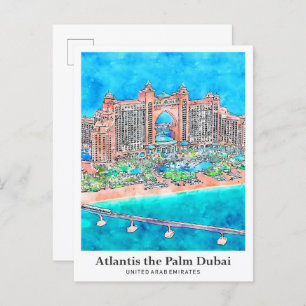 Cartão Postal Atlantis, Palm Dubai, UAE Viagem Watercolor
