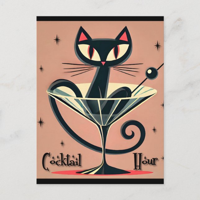 Cartão Postal Atomic Futuristic Space Age Black Cat Martini (Frente)