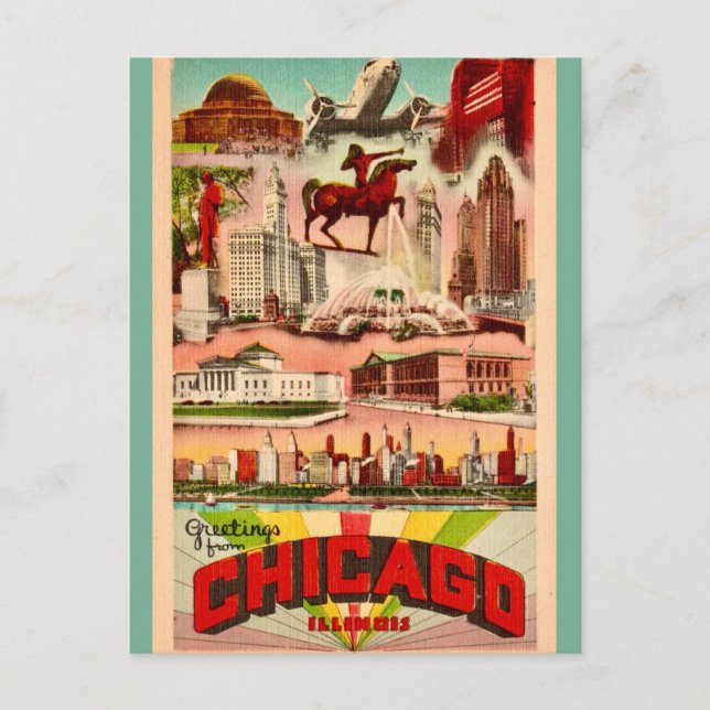 Cartão Postal Atrações Retro de Chicago (Frente)