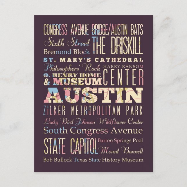 Cartão Postal Attractions & Famous Places of Austin, Texas. (Frente)