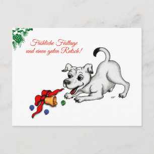Cartão Postal auf Deutsch Weihnachten mit Welpe Glocke und Ball