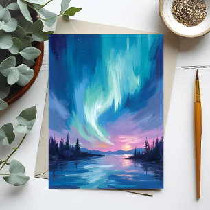 Cartão Postal Aurora Boreal Inverno Aquarela