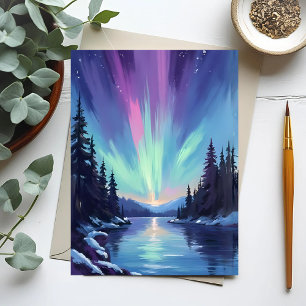 Cartão Postal Aurora Boreal   Luzes do Norte Aquarela