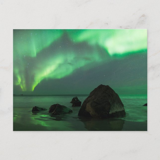 Cartão Postal Aurora Borealis | Lofoten Beach Norway (Frente)