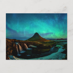 Cartão Postal Aurora Borealis Na Montanha De Kirkjufall Na Islân