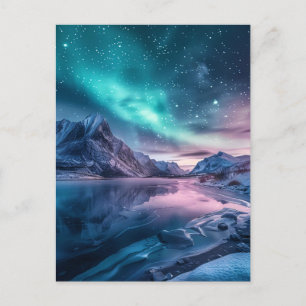 Cartão Postal Aurora Borealis Sobre A Paisagem Da Montanha Snowy