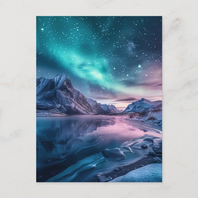 Cartão Postal Aurora Borealis Sobre A Paisagem Da Montanha Snowy (Frente)