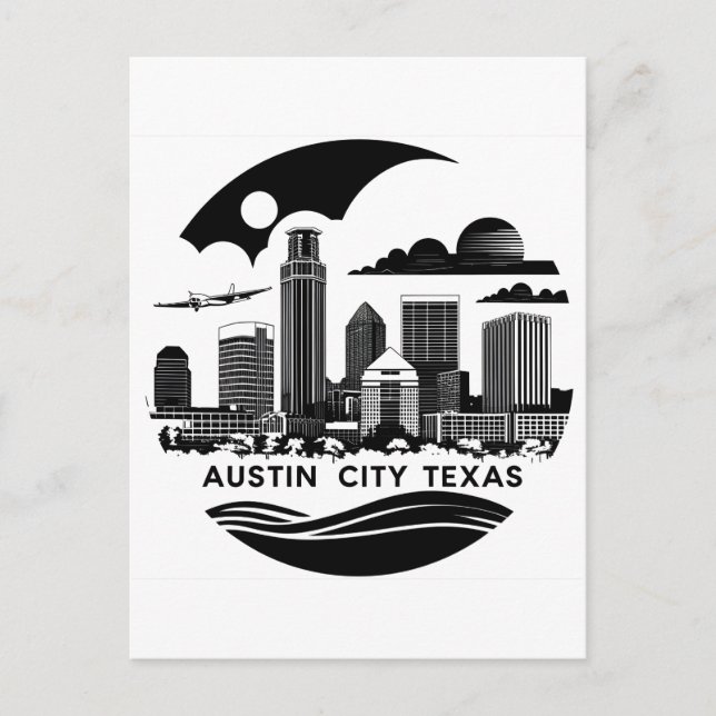 Cartão Postal Austin City Texas Skyline Retro Black & White Art (Frente)