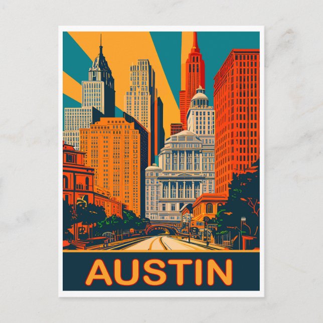 Cartão Postal Austin em cores vibrantes, Viagem (Frente)