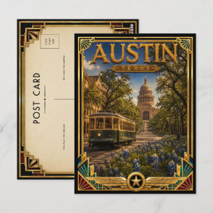 Cartão Postal Austin Texas Arte Deco Antigo Idade Dourada