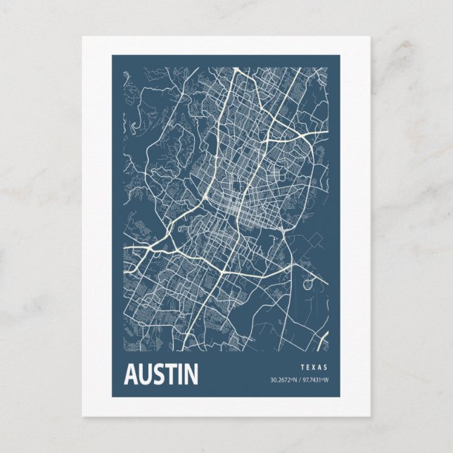 Cartão Postal Austin Texas City Map Line Art Blue Impressão (Frente)