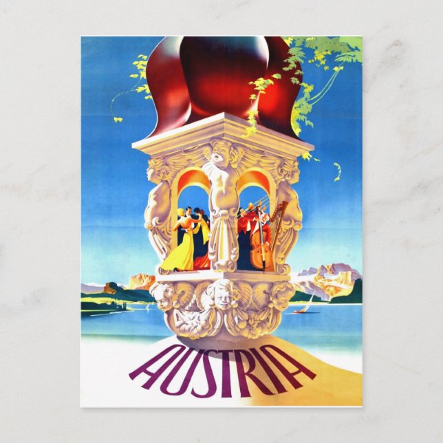 Cartão Postal Áustria, valsa do Danúbio, viagens vintage (Frente)