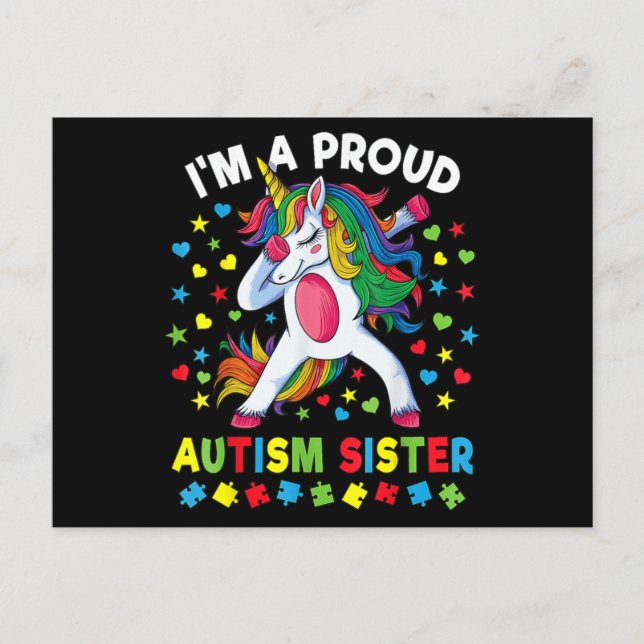 Cartão Postal Autism Awareness Dabbing Unicorn Girl Proud Autism (Frente)