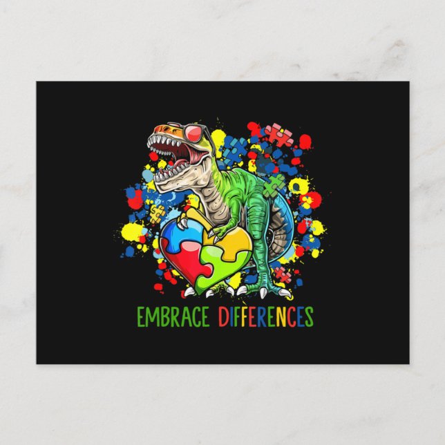 Cartão Postal Autismo Diferenças de Embrace Dinossauro T-Rex Cri (Frente)