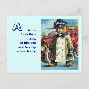 Cartão Postal Auto Bear Andy - Letra A - Vintage Teddy Bear