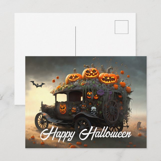 Cartão Postal Automóvel Antigo e Abóboras de Halloween  (Frente/Verso)