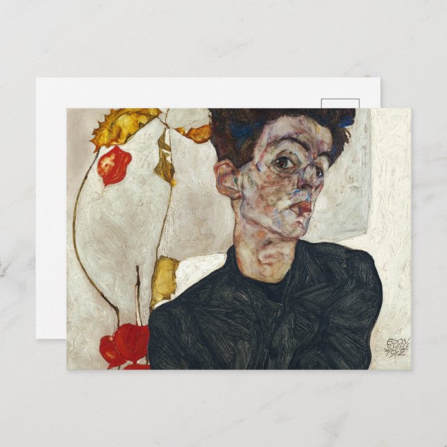 Cartão Postal Autorretrato com Physalis | Egon Schiele | (Frente/Verso)