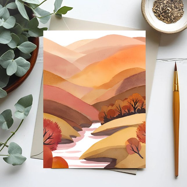 Cartão Postal Autumn Abode | Fall Foliage Watercolor Landscape (Criador carregado)