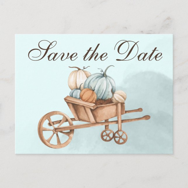 Cartão Postal Autumn Blue Pumpkin Wheelbarrow Salvar a Data (Frente)