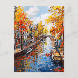 Cartão Postal Autumn Canal with Boats and Colorful Houses Painti