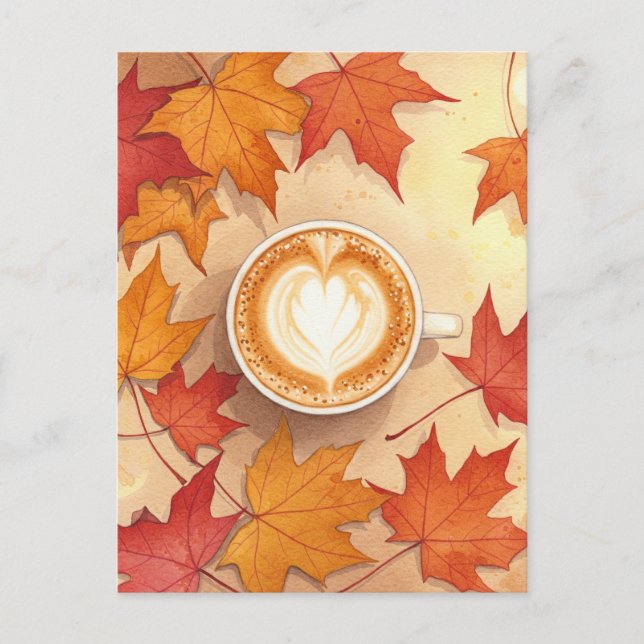 Cartão Postal Autumn Coffee Postcard Cozy Fall Leaves Latte Art (Frente)