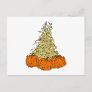 Cartão Postal Autumn Cornstalks Pumpkins