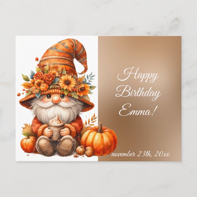 Cartão Postal Autumn Cute Gnomo Fall Sai Aniversário (Frente)