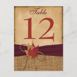 Cartão Postal Autumn Deixa FAUX Burlap Table Number Card - Vinho
