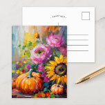 Cartão Postal Autumn Floral e Pumpkins<br><div class="desc">Uma pintura abstrato vibrante e moderna que mostra um arranjo lúdico de abóboras, girassóis e outras folhagens de outono. Matizes ricas do outono como laranja queimado, vermelhos profundos, pinks e amarelos ouros se misturam com pinceladas macios e tons negros de cor. O estilo abstrato adiciona um talento contemporâneo ao tema...</div>