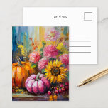 Cartão Postal Autumn Floral e Pumpkins<br><div class="desc">Uma pintura abstrato vibrante e moderna que mostra um arranjo lúdico de abóboras, girassóis e outras folhagens de outono. Matizes ricas do outono como laranja queimado, vermelhos profundos, pinks e amarelos ouros se misturam com pinceladas macios e tons negros de cor. O estilo abstrato adiciona um talento contemporâneo ao tema...</div>