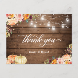 Cartão Postal Autumn Floral Mason Jar Lights Casamento Obrigado