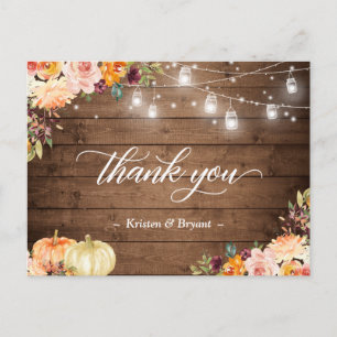 Cartão Postal Autumn Floral Mason Jar Lights Casamento Obrigado
