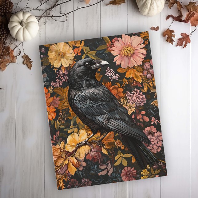 Cartão Postal Autumn Floral Raven Crow (Criador carregado)