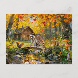 Cartão Postal Autumn Forest Cottage with forest animals and Mush