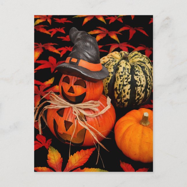 Cartão Postal Autumn Halloween Pumpkins e Folhas de outono (Frente)